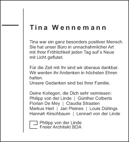 Traueranzeige von Tina Wennemann 