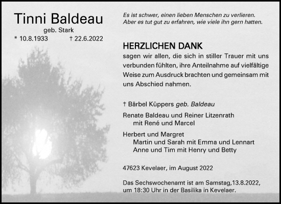 Traueranzeige von Tinni Baldeau 