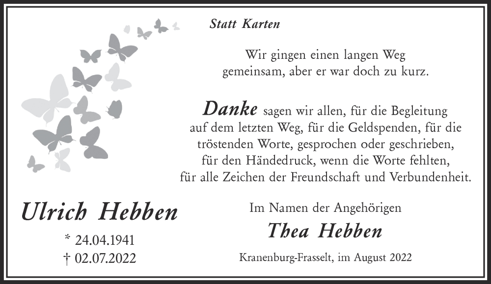  Traueranzeige für Ulrich Hebben vom 13.08.2022 aus 