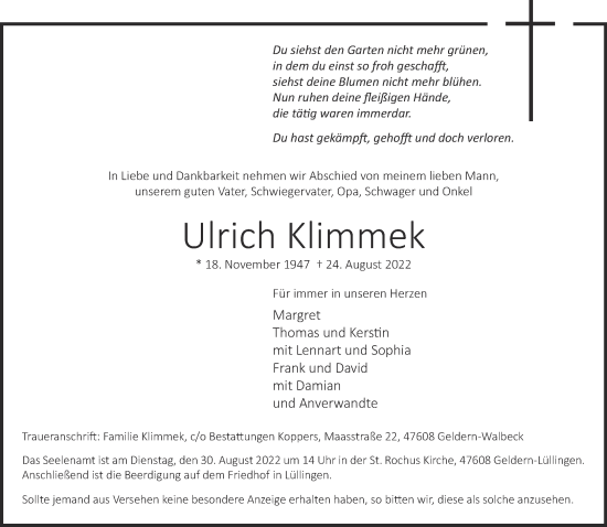 Traueranzeige von Ulrich Klimmek 