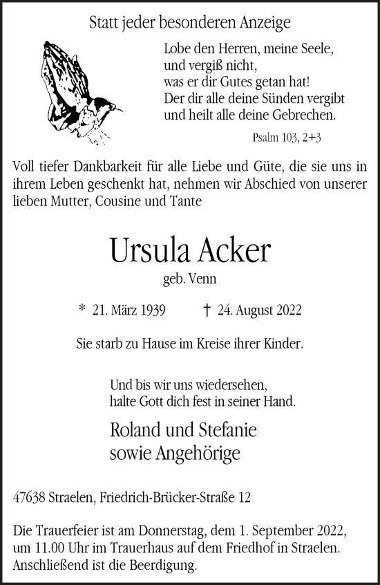 Traueranzeige von Ursula Acker 