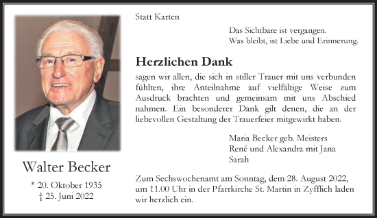 Traueranzeige von Walter Becker 