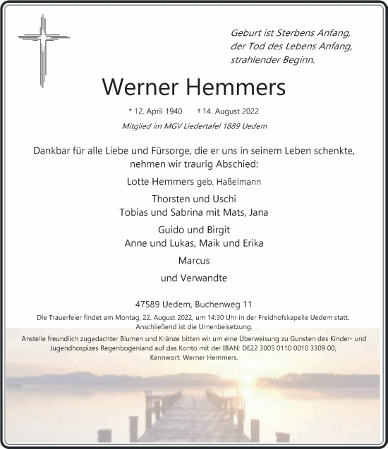 Traueranzeige von Werner Hemmers 