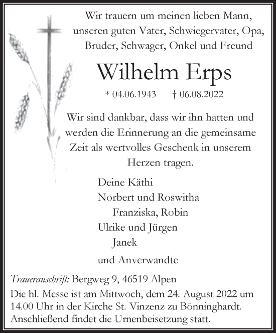 Traueranzeige von Wilhelm Erps 