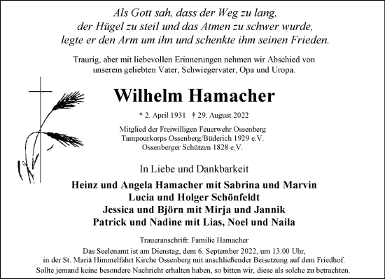 Traueranzeige von Wilhelm Hamacher 