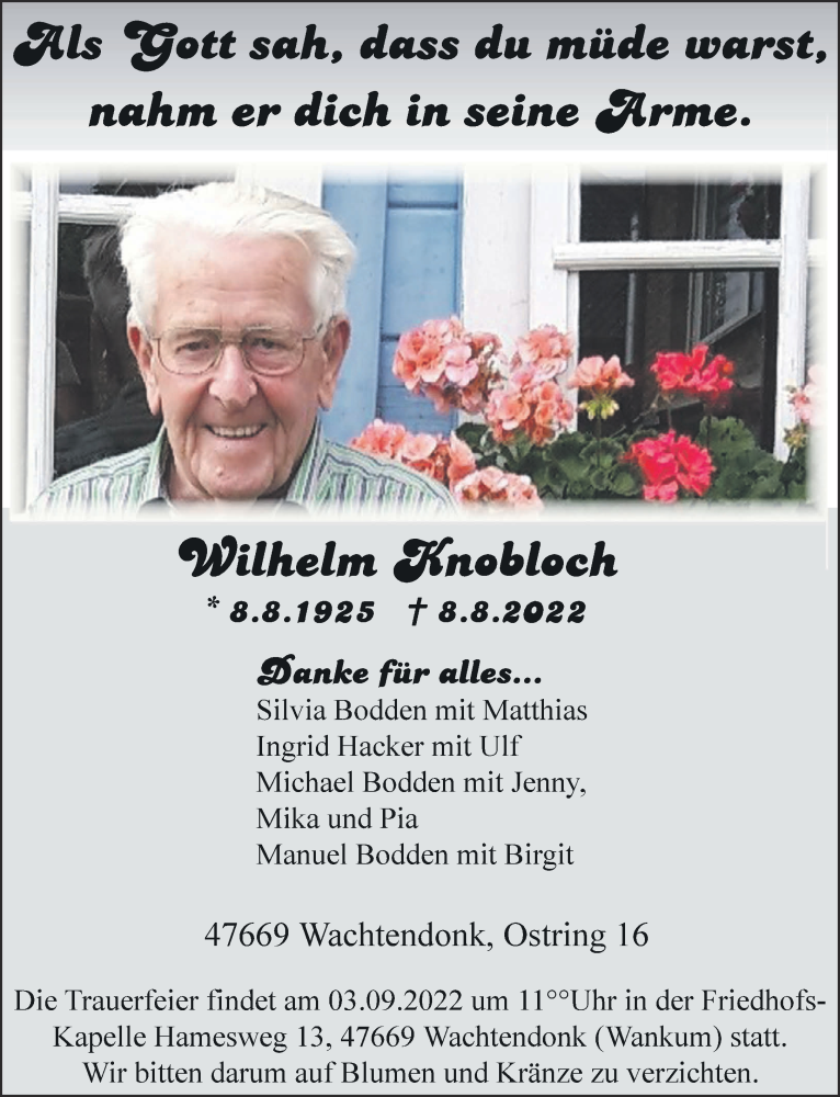  Traueranzeige für Wilhelm Knobloch vom 27.08.2022 aus 