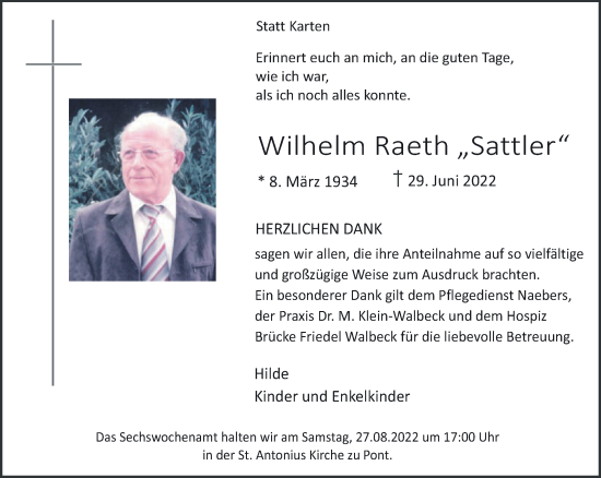 Traueranzeige von Wilhelm Raeth 