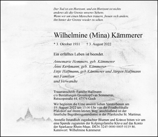 Traueranzeige von Wilhelmine Kämmerer 