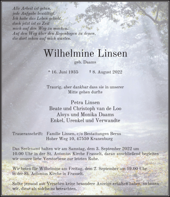 Traueranzeige von Wilhelmine Linsen 