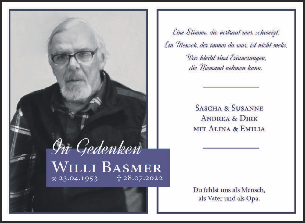  Traueranzeige für Willi Basmer vom 06.08.2022 aus 