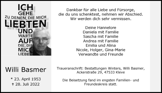 Traueranzeige von Willi Basmer 