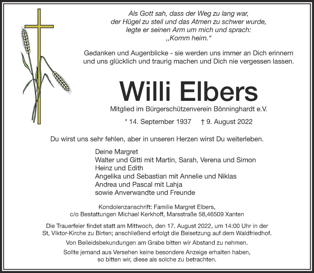  Traueranzeige für Willi Elbers vom 13.08.2022 aus 