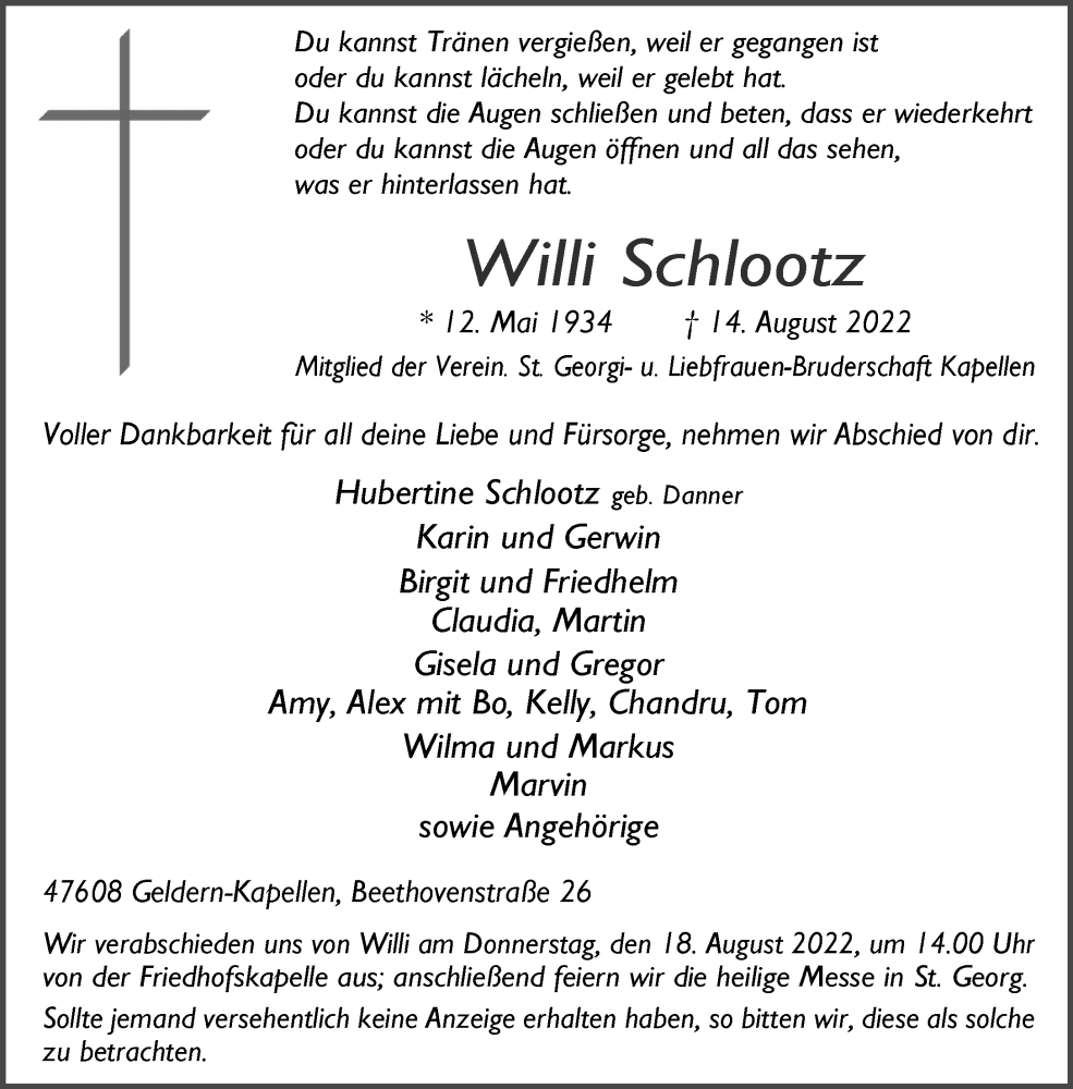  Traueranzeige für Willi Schlootz vom 17.08.2022 aus 