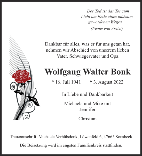 Traueranzeige von Wolfgang Walter Bonk 