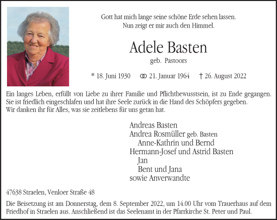 Traueranzeige von Adele Basten 