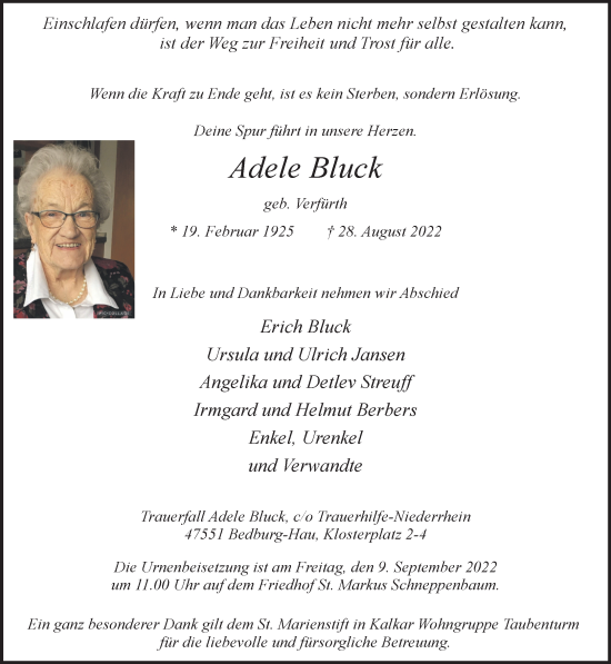 Traueranzeige von Adele Bluck 