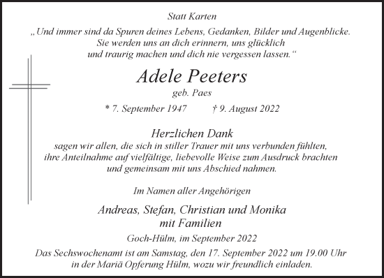 Traueranzeige von Adele Peeters 
