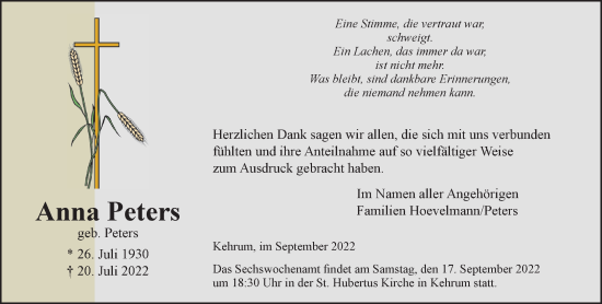 Traueranzeige von Anna Peters 