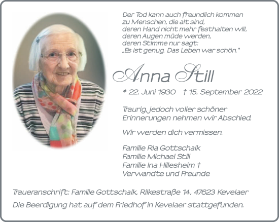 Traueranzeige von Anna Still 