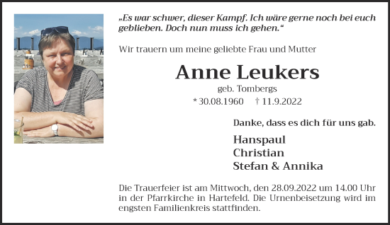 Traueranzeige von Anne Leukers 