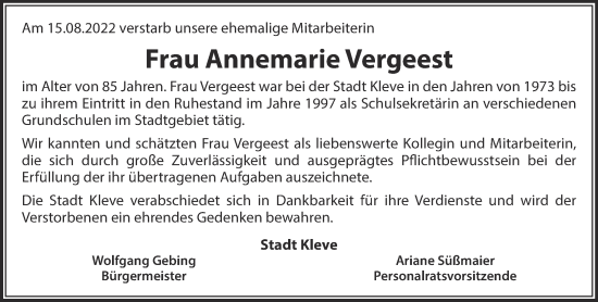 Traueranzeige von Annemarie Vergeest 