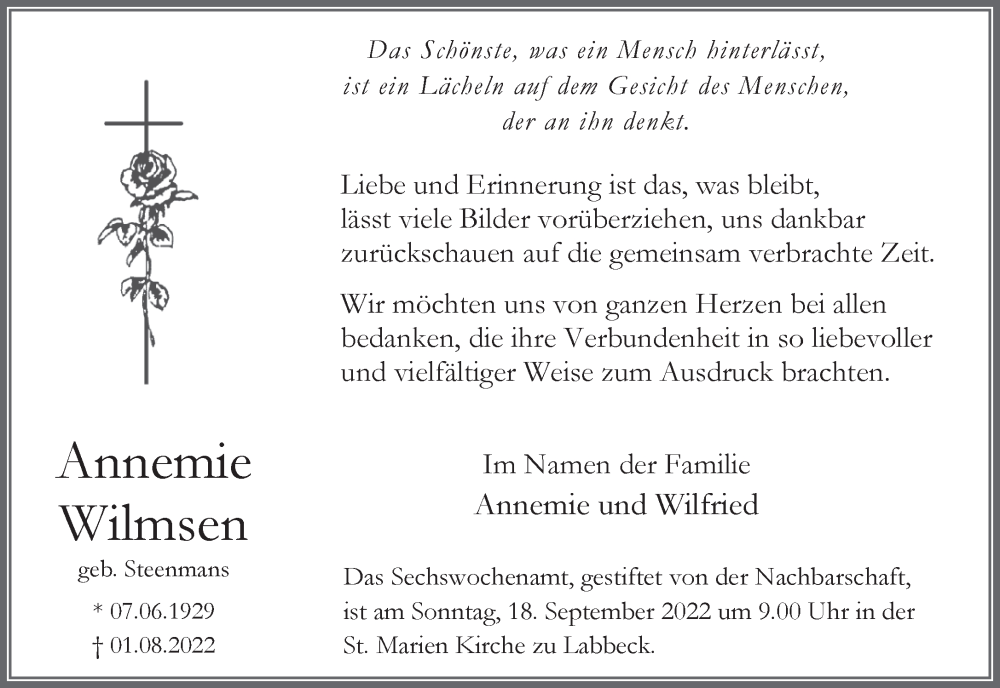  Traueranzeige für Annemie Wilmsen vom 10.09.2022 aus 