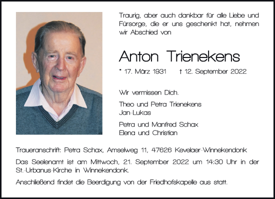 Traueranzeige von Anton Trienekens 