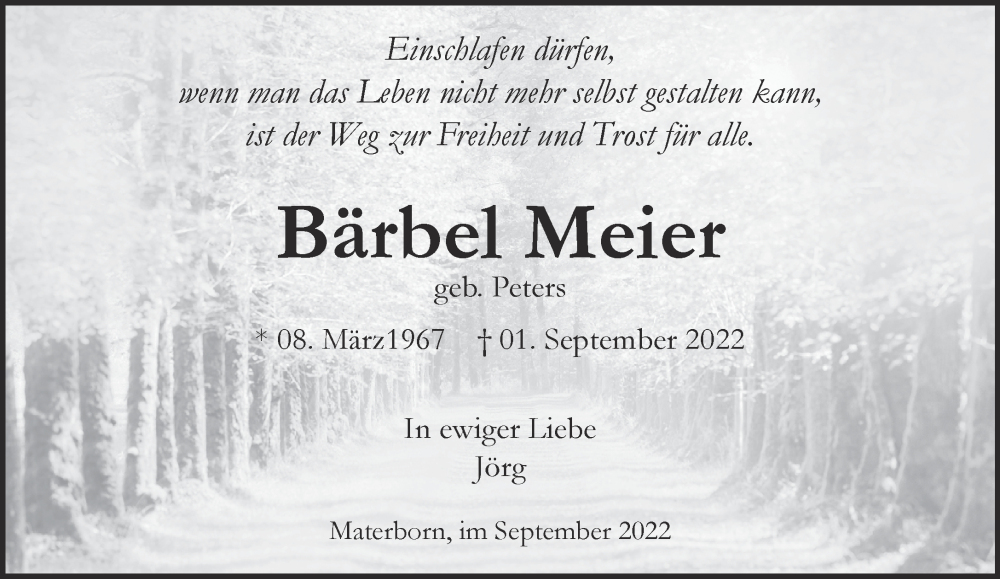  Traueranzeige für Bärbel Meier vom 07.09.2022 aus 