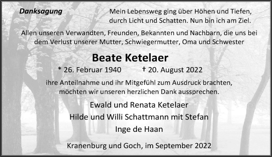 Traueranzeige von Beate Ketelaer 