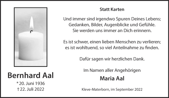 Traueranzeige von Bernhard Aal 