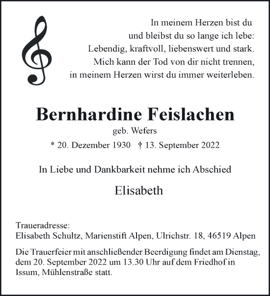 Traueranzeige von Bernhardine Feislachen 