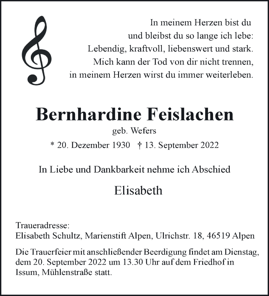  Traueranzeige für Bernhardine Feislachen vom 17.09.2022 aus 