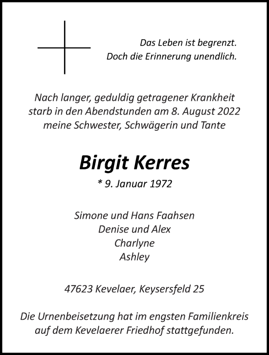 Traueranzeige von Birgit Kerres 