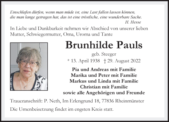 Traueranzeige von Brunhilde Pauls 