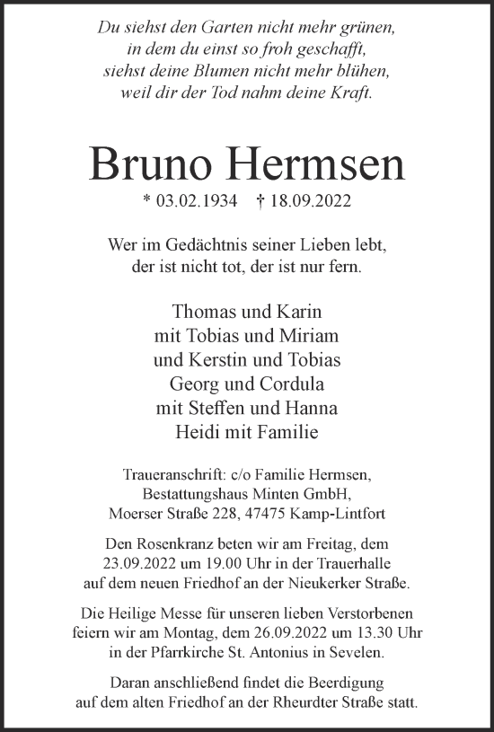 Traueranzeige von Bruno Hermsen 