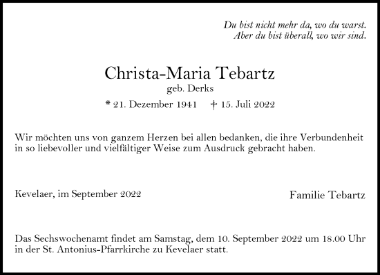 Traueranzeige von Christa-Maria Tebartz 