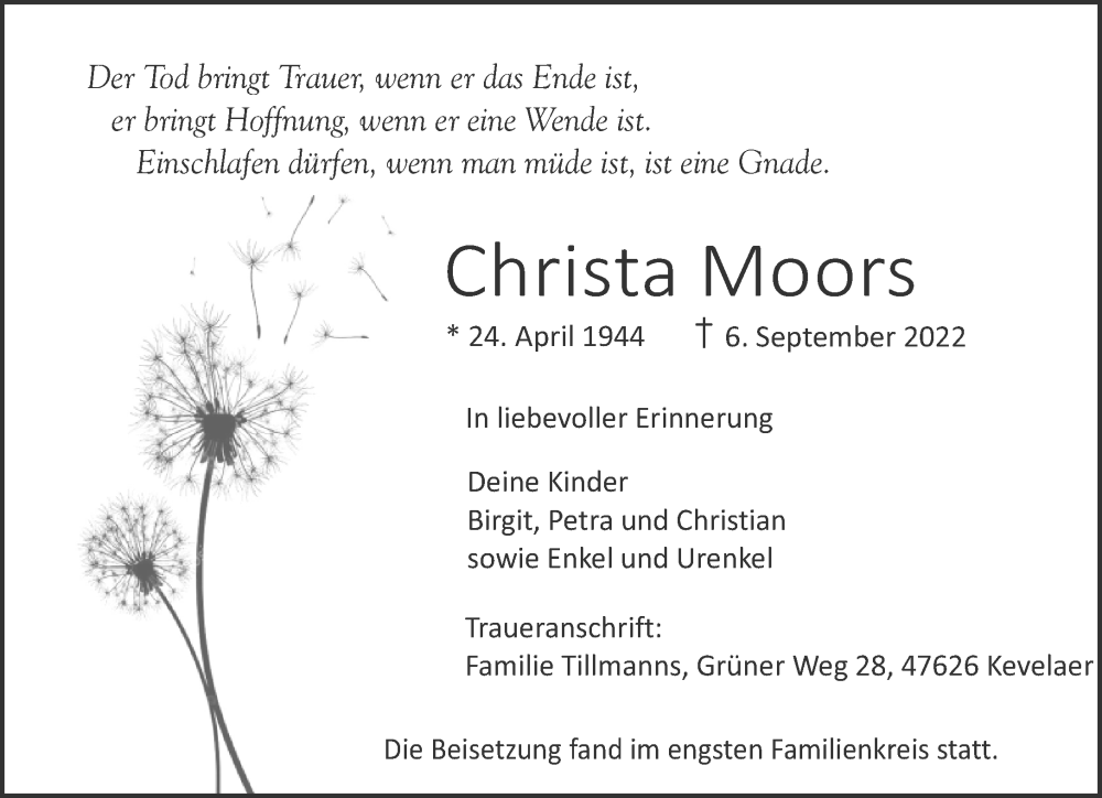  Traueranzeige für Christa Moors vom 24.09.2022 aus 