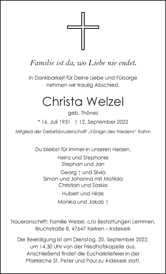 Traueranzeige von Christa Welzel 