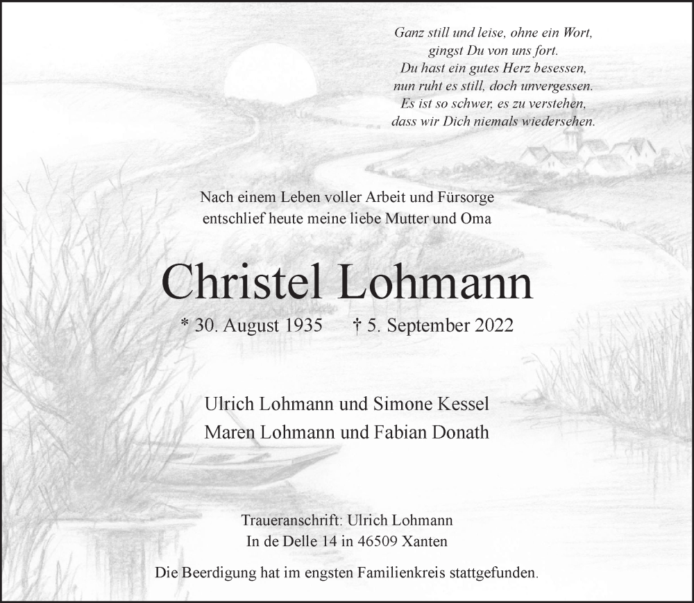  Traueranzeige für Christel Lohmann vom 17.09.2022 aus 