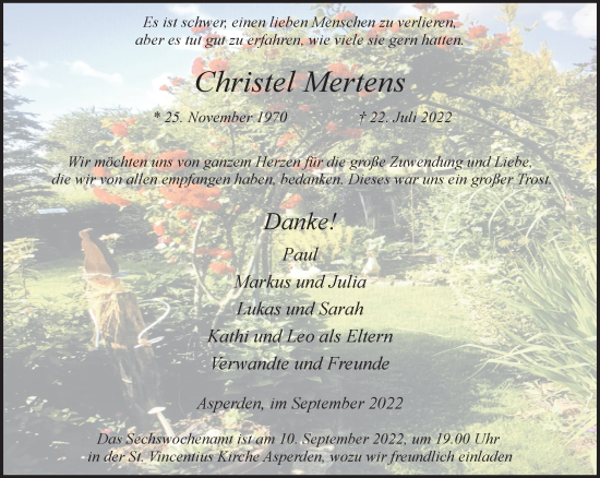 Traueranzeige von Christel Mertens 