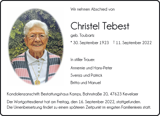 Traueranzeige von Christel Tebest 