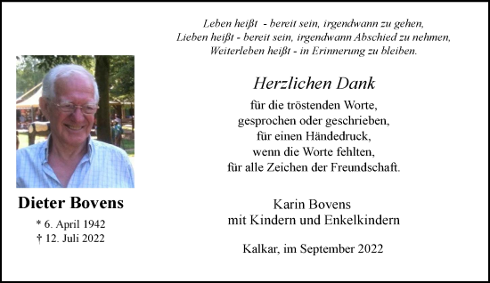 Traueranzeige von Dieter Bovens 