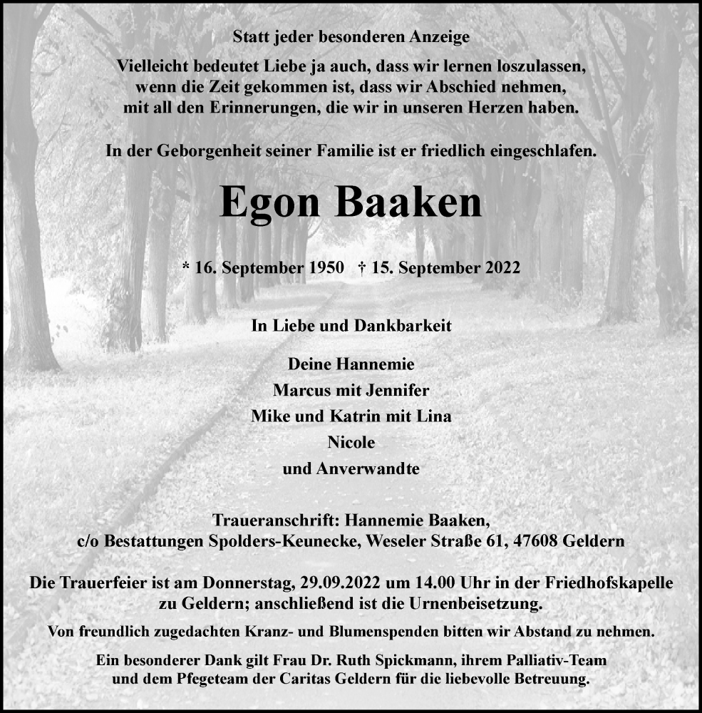  Traueranzeige für Egon Baaken vom 24.09.2022 aus 