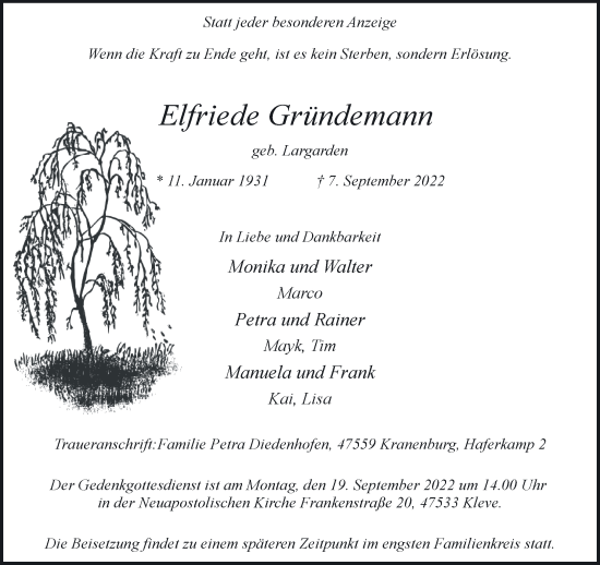 Traueranzeige von Elfriede Gründemann 