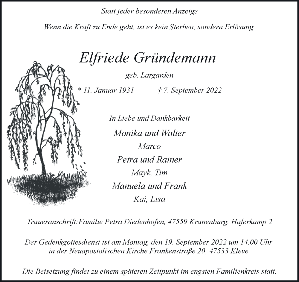  Traueranzeige für Elfriede Gründemann vom 14.09.2022 aus 