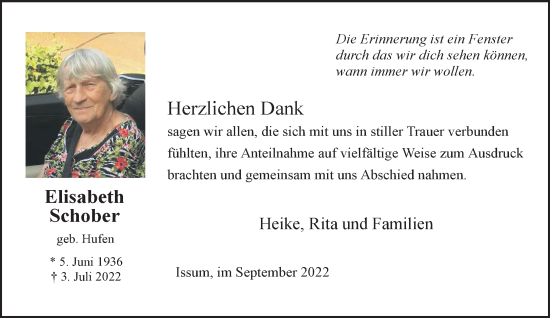 Traueranzeige von Elisabeth Schober 