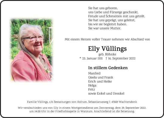 Traueranzeige von Elly Vüllings 