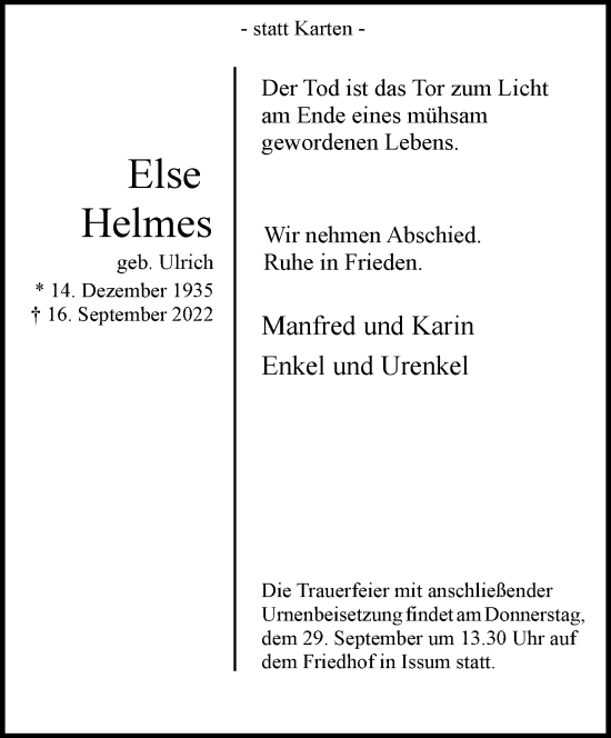 Traueranzeige von Else Helmes 