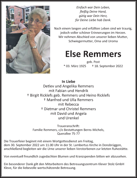 Traueranzeige von Else Remmers 