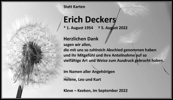 Traueranzeige von Erich Deckers 